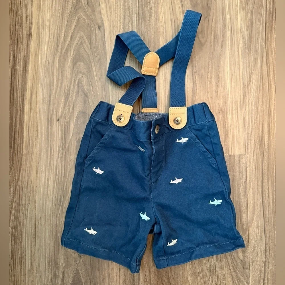 Gymboree Baby Blue Shorts with Shark Design and suspenders size 12-18M